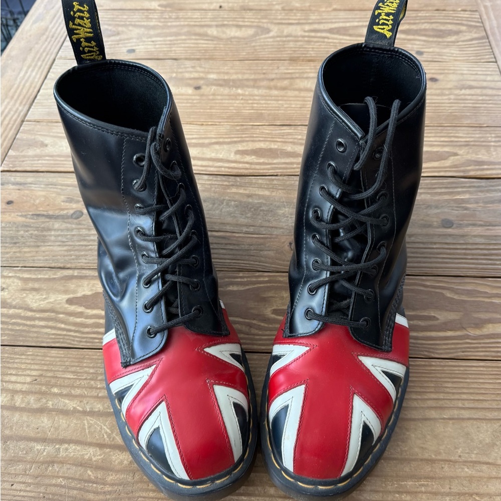 Dr. Martens Black and Red Combat Boots with Glossy Finish